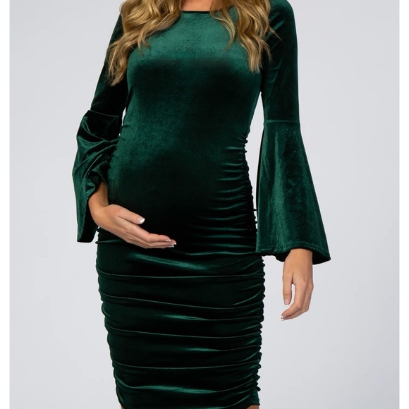 Forest Green Velvet Ruched Bell Sleeve Maternity Dress - Picture 3 of 7